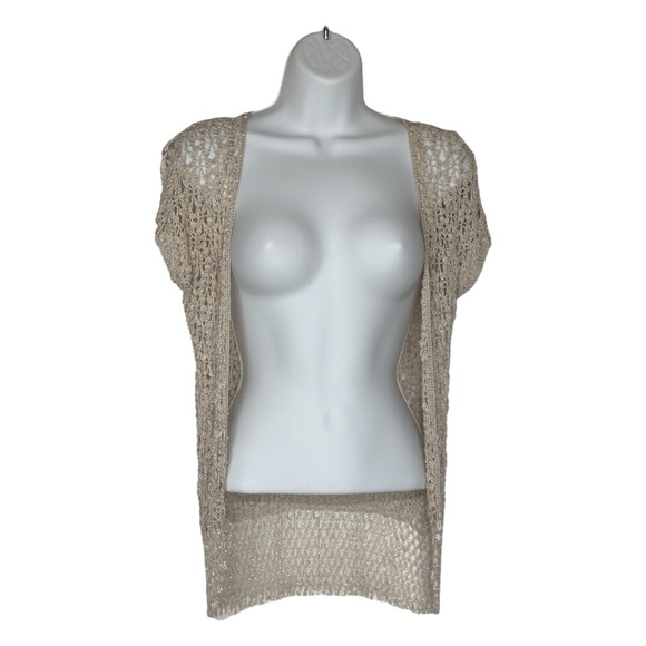 Dunnes Stores Beige Crocheted Beaded Tasseled Open Front Cardigan Medium - Picture 7 of 12